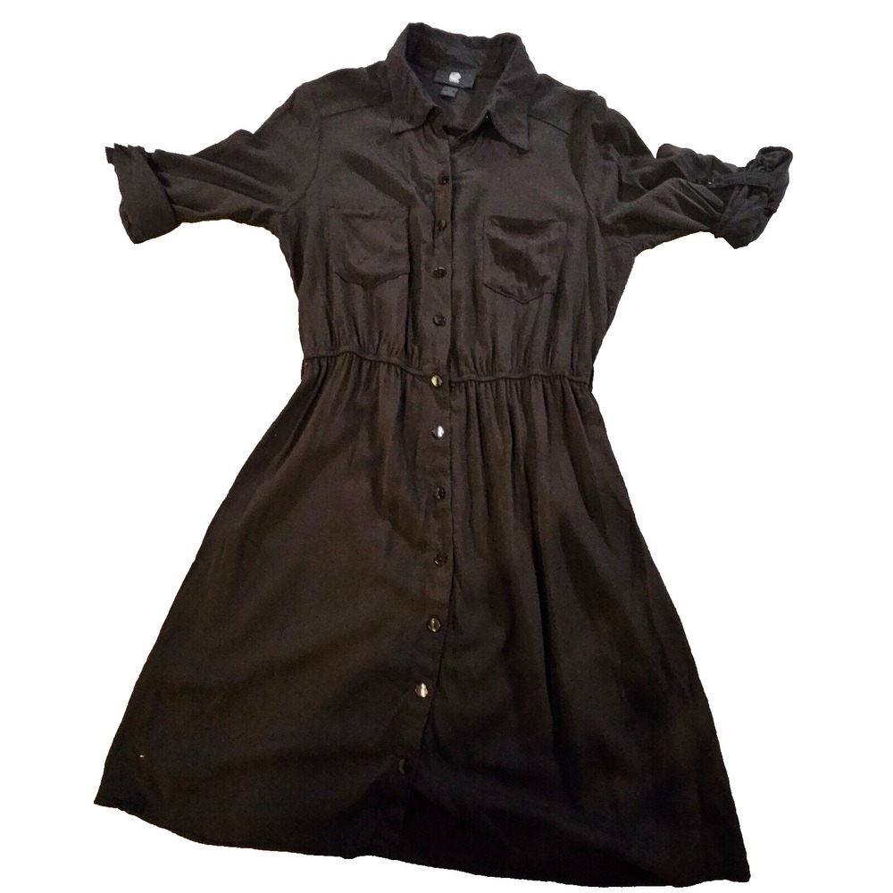 IZ Byer SZ XS Black Button Up Shirt Dress 3/4 Roll Tab Sleeve Women Mini Dress